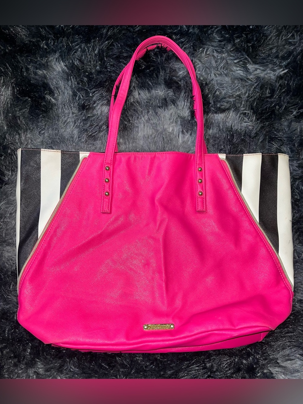 Juicy Couture Bold Hot Pink Tote with Black & White Stripe Panels